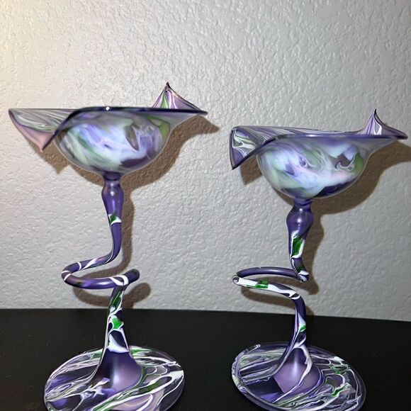 Flame Glow Penco Hand Blown Delicate Candle Holders Art Glass Purple - Picture 4 of 10